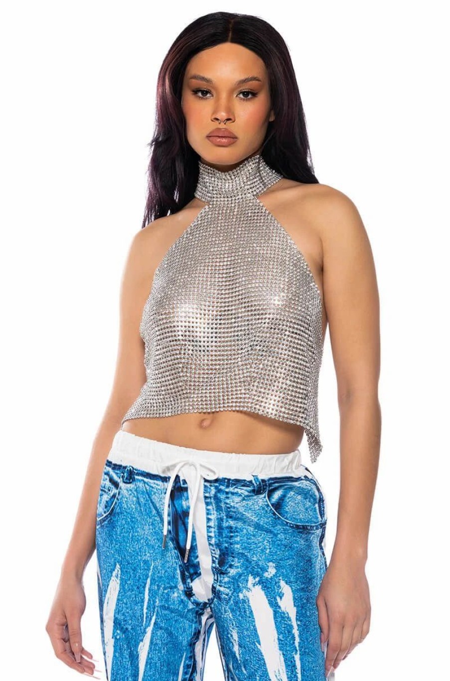 Crop Tops & Bralettes * | Above All Rhinestone Halter Top Silver