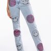 Denim * | Smiley Faces Rhinestone High Rise Straight Leg Jeans Light Blue Denim