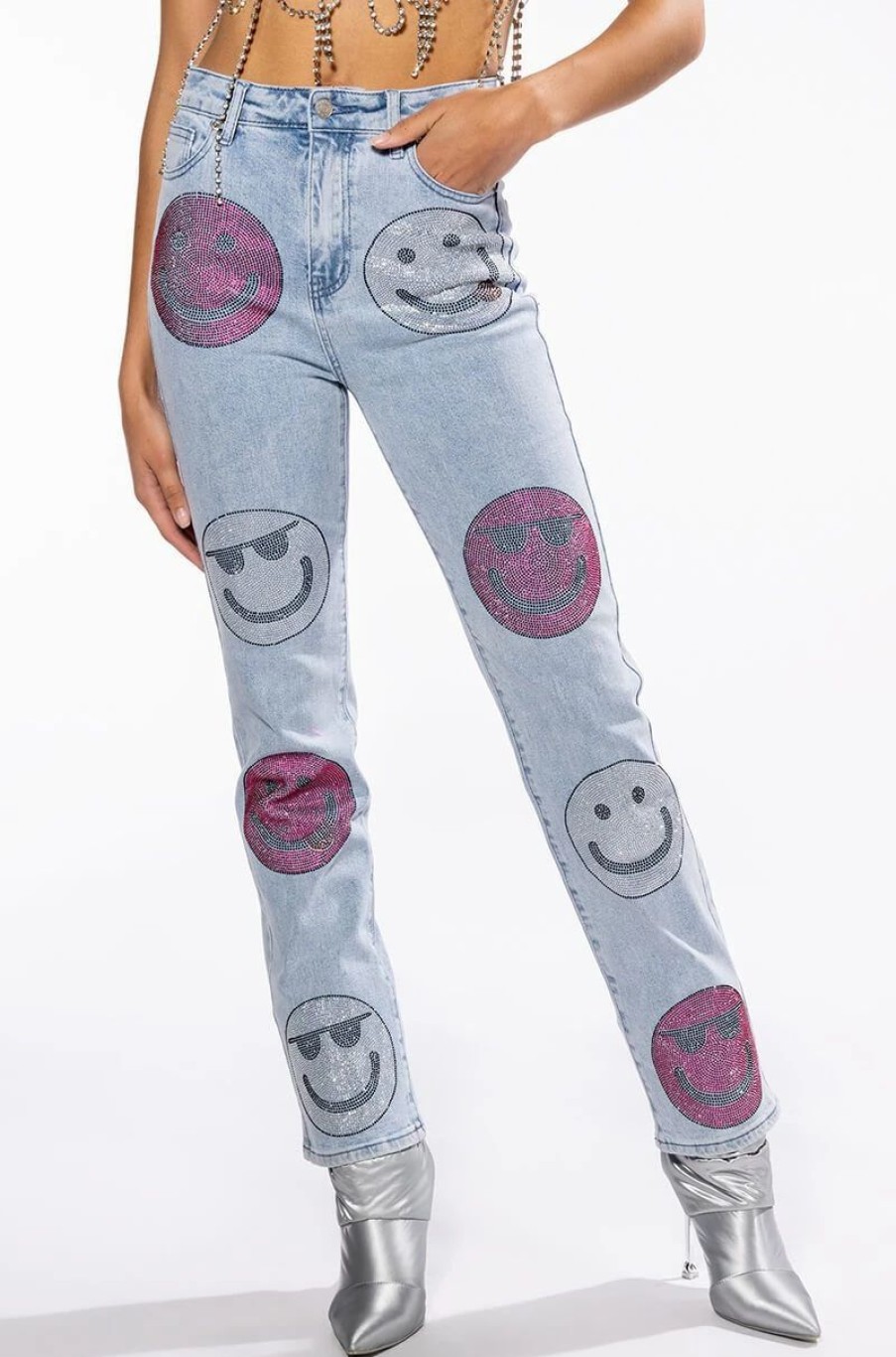 Denim * | Smiley Faces Rhinestone High Rise Straight Leg Jeans Light Blue Denim