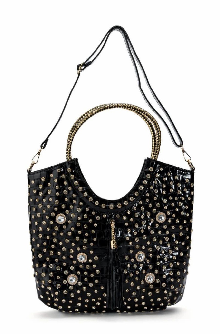 Handbags, Clutches & Wallets * | Starry Eyed Embellished Croc Purse Black Gold