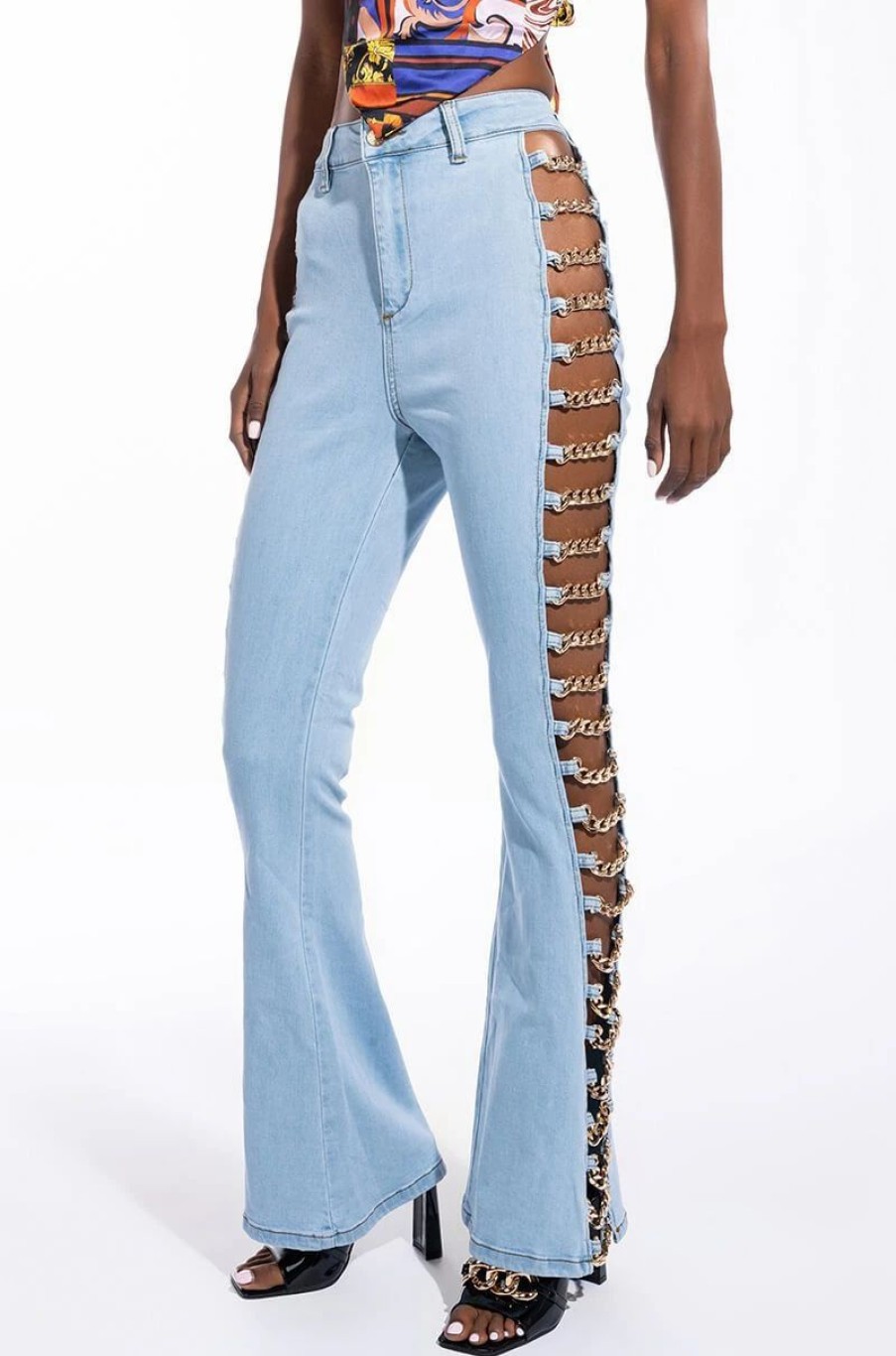 Denim * | New Sensation Chain Detail High Waisted Flare Jeans Light Blue