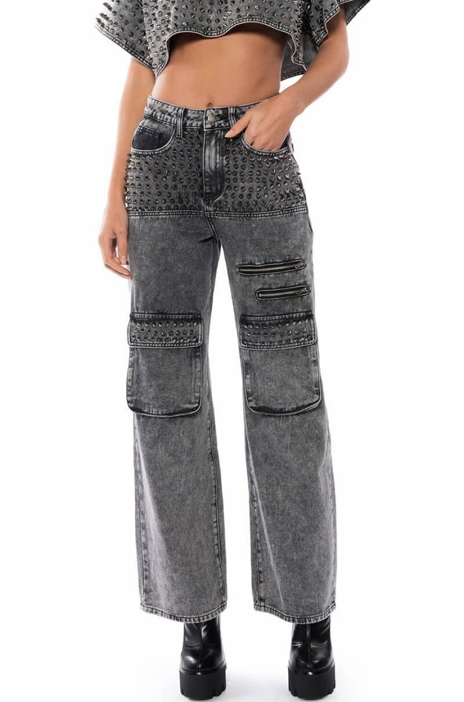 Denim * | Turn It Up Stud Embellished Utility Jeans Grey