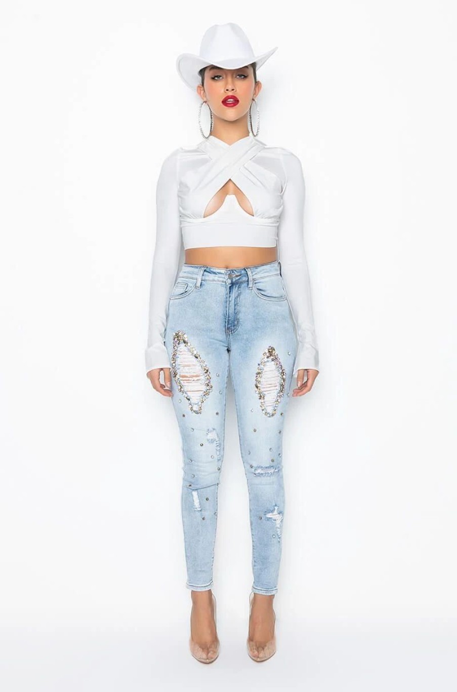 Denim * | Glamour Rhinestone Skinny Jeans Light Blue Denim