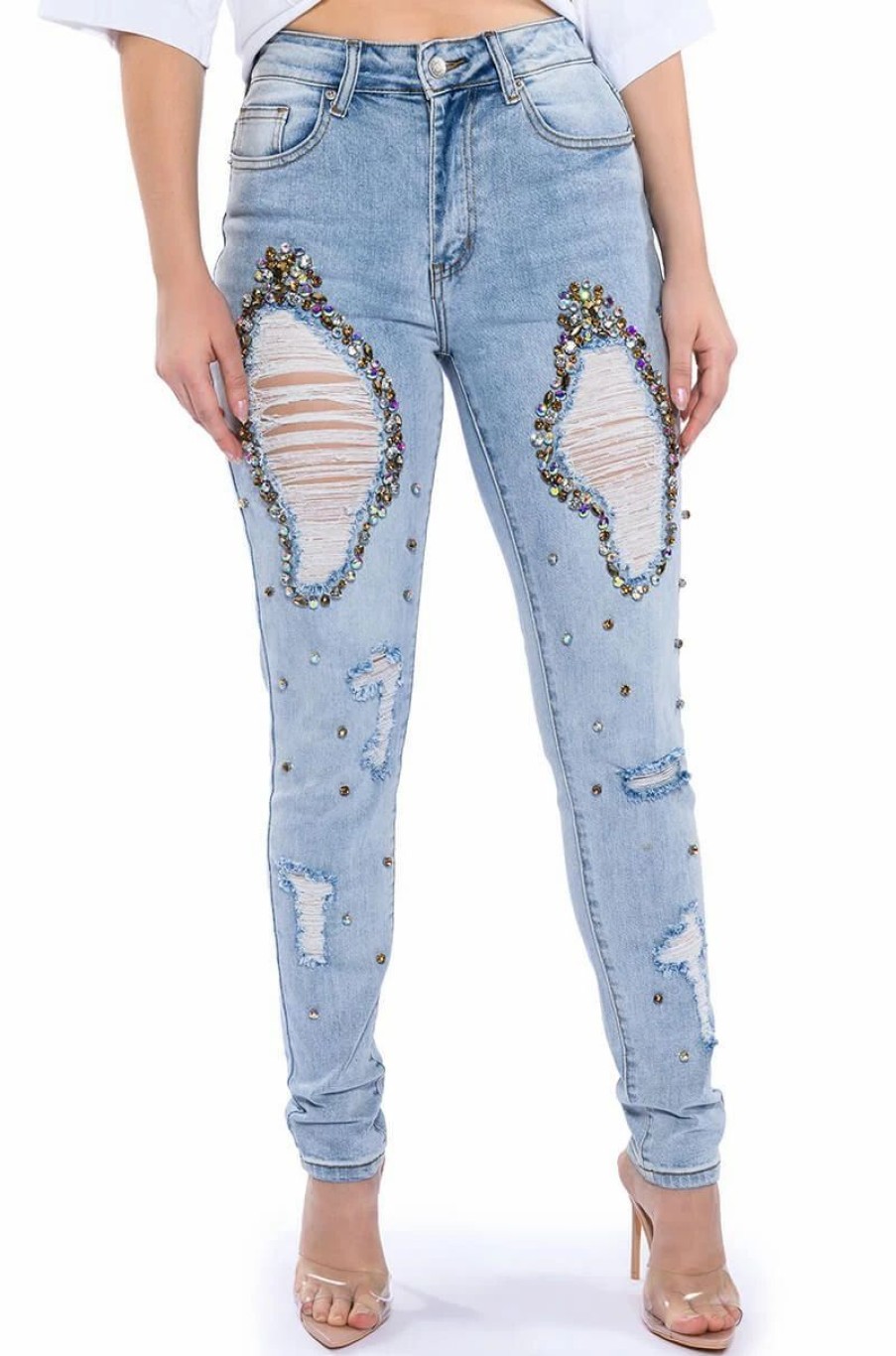 Denim * | Glamour Rhinestone Skinny Jeans Light Blue Denim