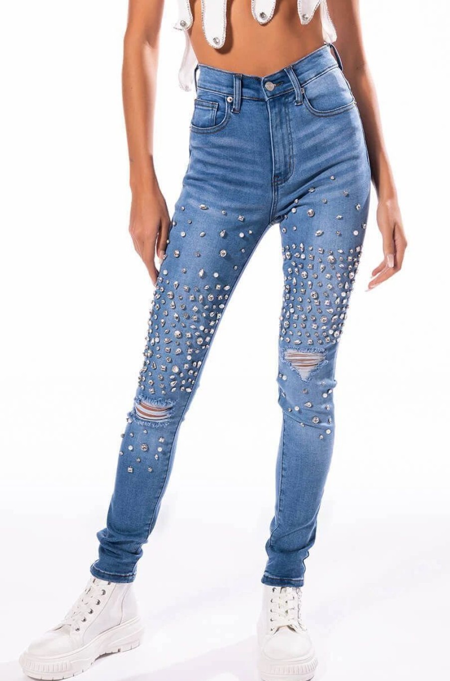 Denim * | Outta This World Distressed Rhinestone High Rise Skinny Jeans Medium Blue Denim