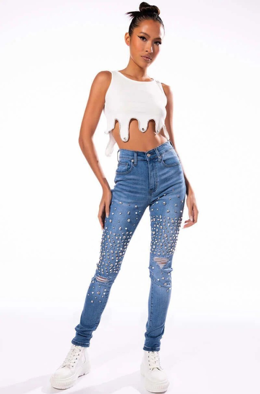 Denim * | Outta This World Distressed Rhinestone High Rise Skinny Jeans Medium Blue Denim