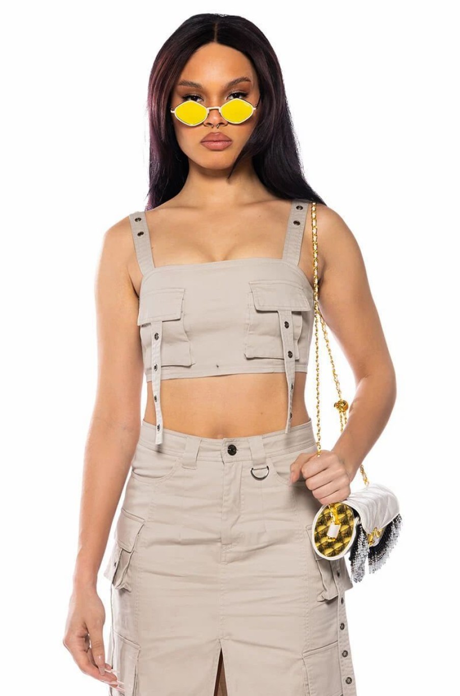 Crop Tops & Bralettes * | Down For Anything Cargo Crop Top Gray