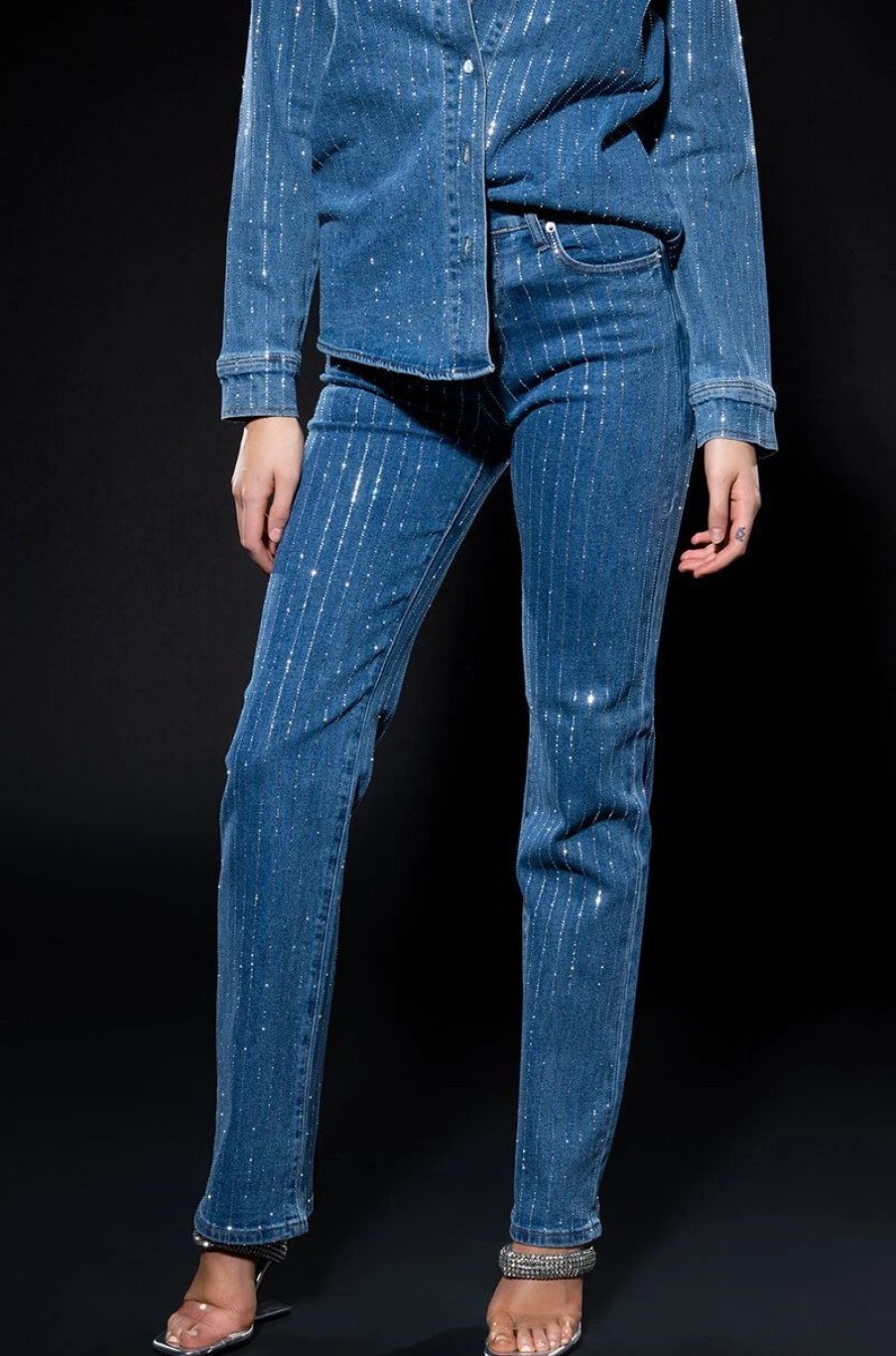 Denim * | Effortless Glam Rhinestone Stripe Straight Leg Jean Blue