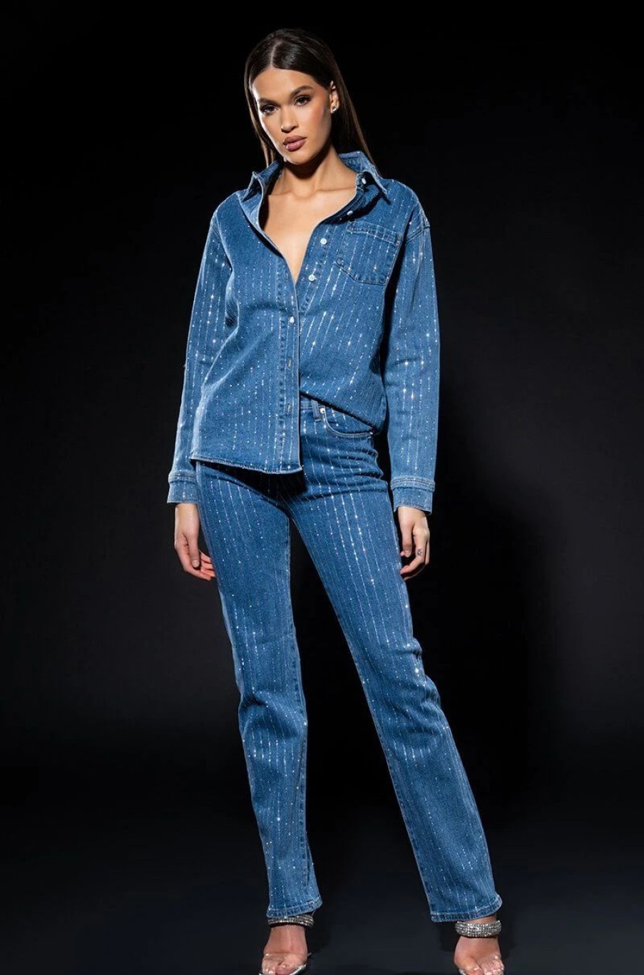 Denim * | Effortless Glam Rhinestone Stripe Straight Leg Jean Blue