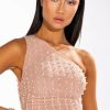 Crop Tops & Bralettes * | Disco Doll Embellished One Shoulder Mesh Crop Top Light Brown