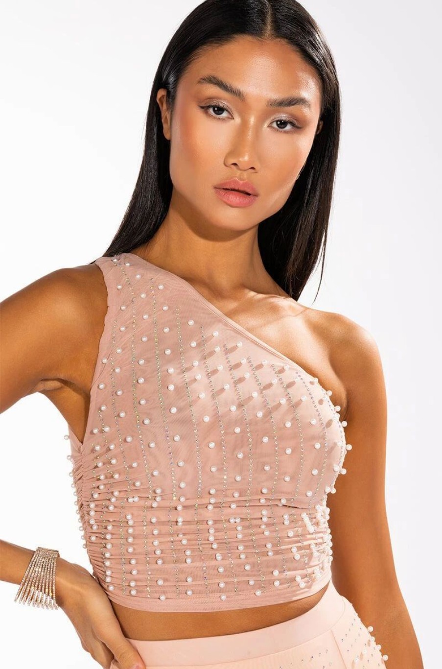 Crop Tops & Bralettes * | Disco Doll Embellished One Shoulder Mesh Crop Top Light Brown