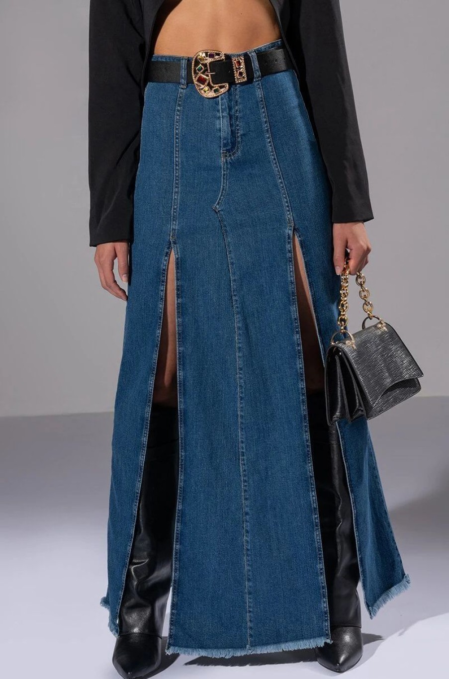 Denim * | So Slaying Double Slit Denim Maxi Skirt Medium Blue Denim