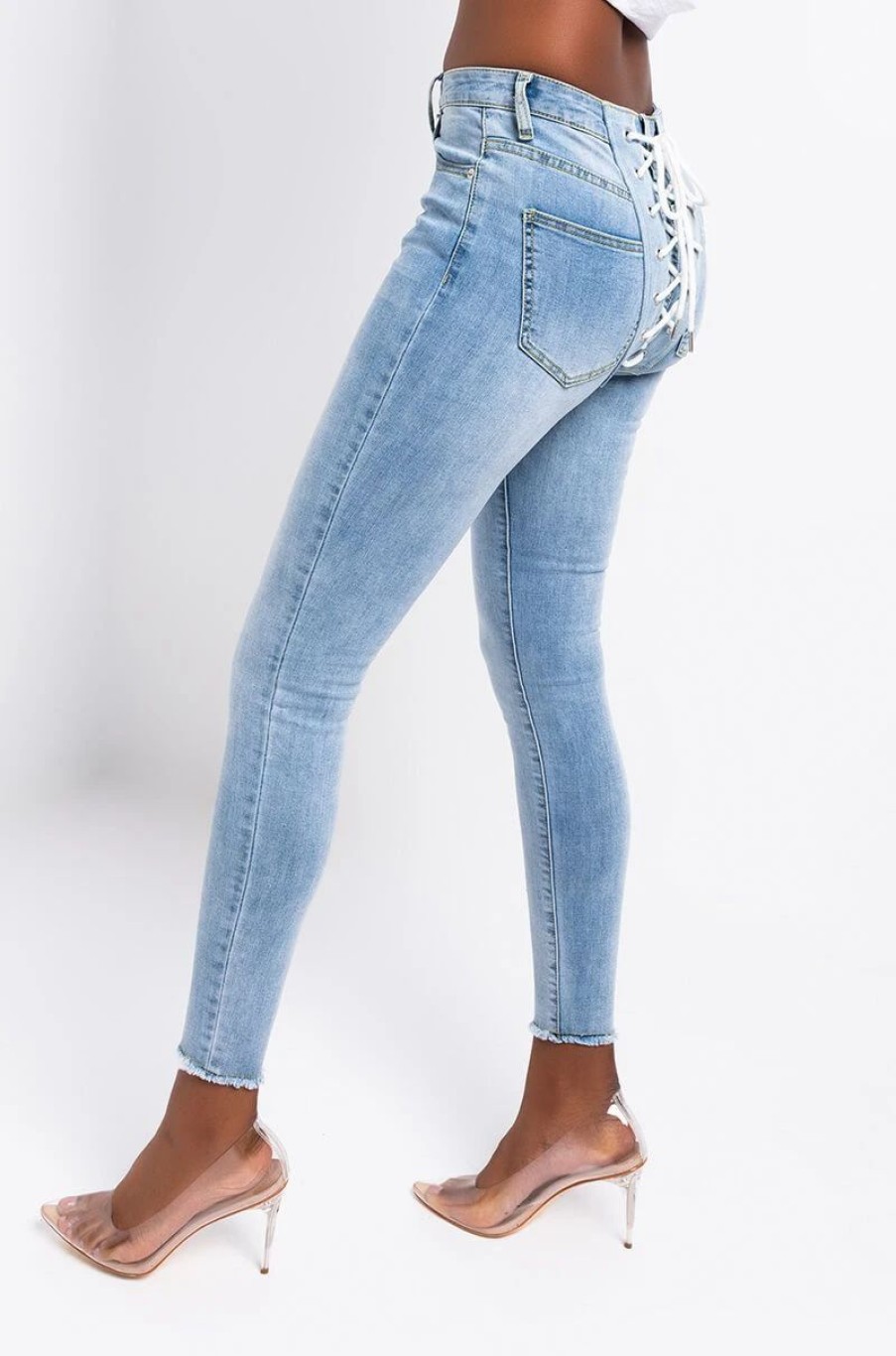 Denim * | All Over Lace Up Back Skinny Jeans