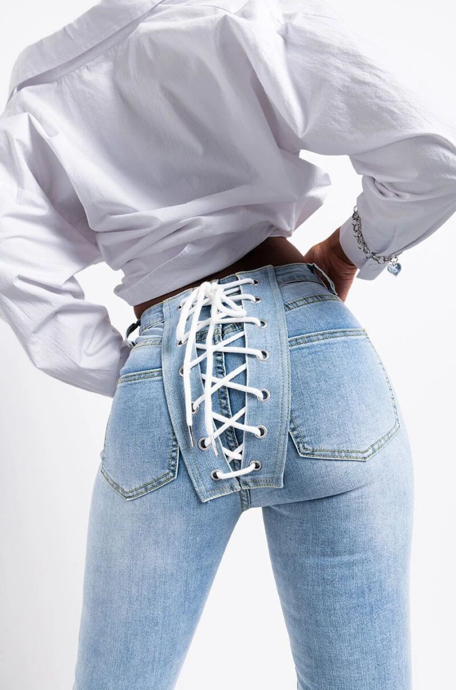 Denim * | All Over Lace Up Back Skinny Jeans