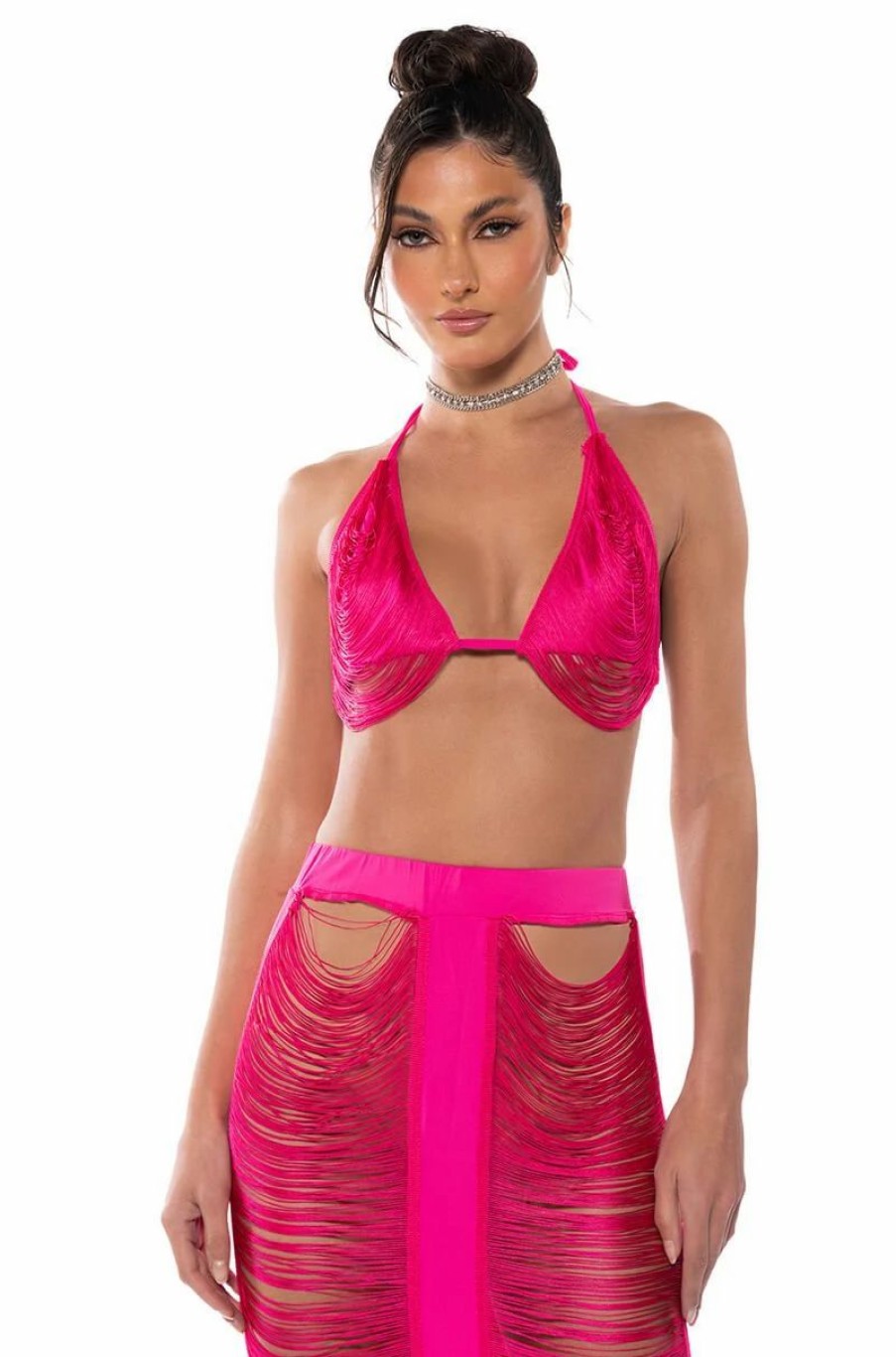 Crop Tops & Bralettes * | The Goddess In Me Two Piece Fringe Set Fuchsia