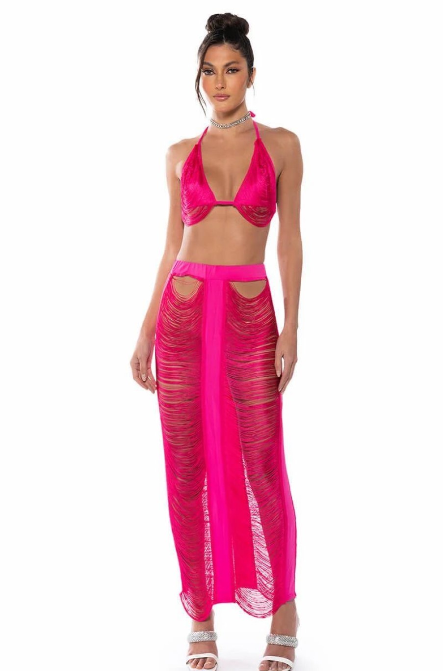 Crop Tops & Bralettes * | The Goddess In Me Two Piece Fringe Set Fuchsia