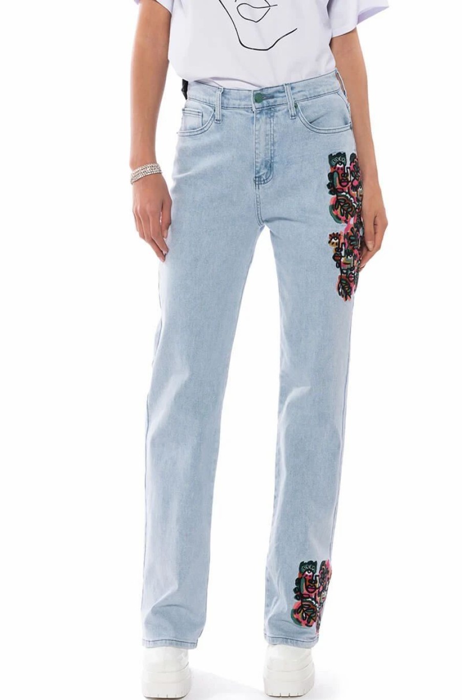 Denim * | Hidden Faces Embroidery Detailed Straight Leg Jeans Light Blue Denim