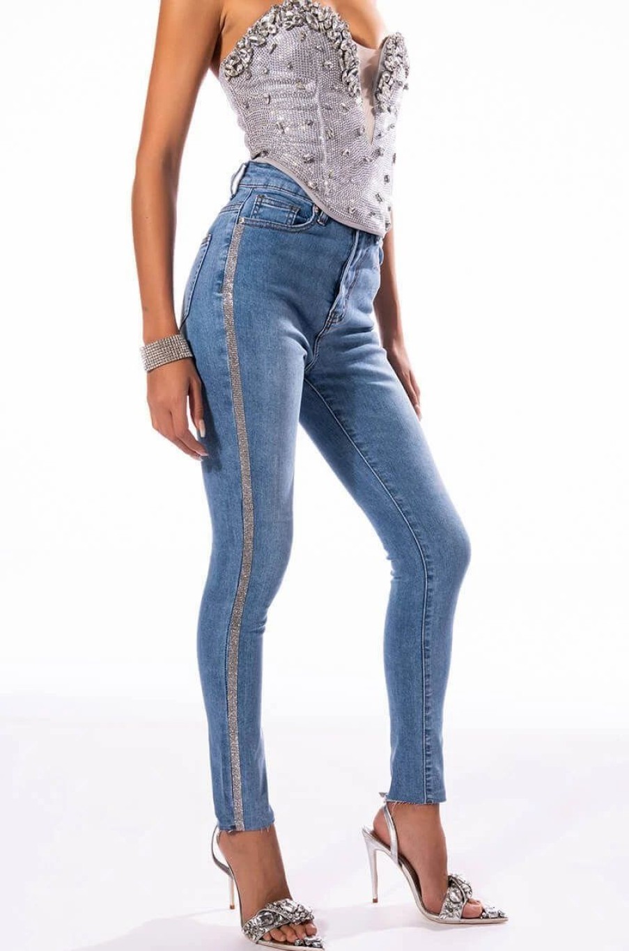 Denim * | Life Like This Rhinestone Stripe Skinny Jeans Light Denim