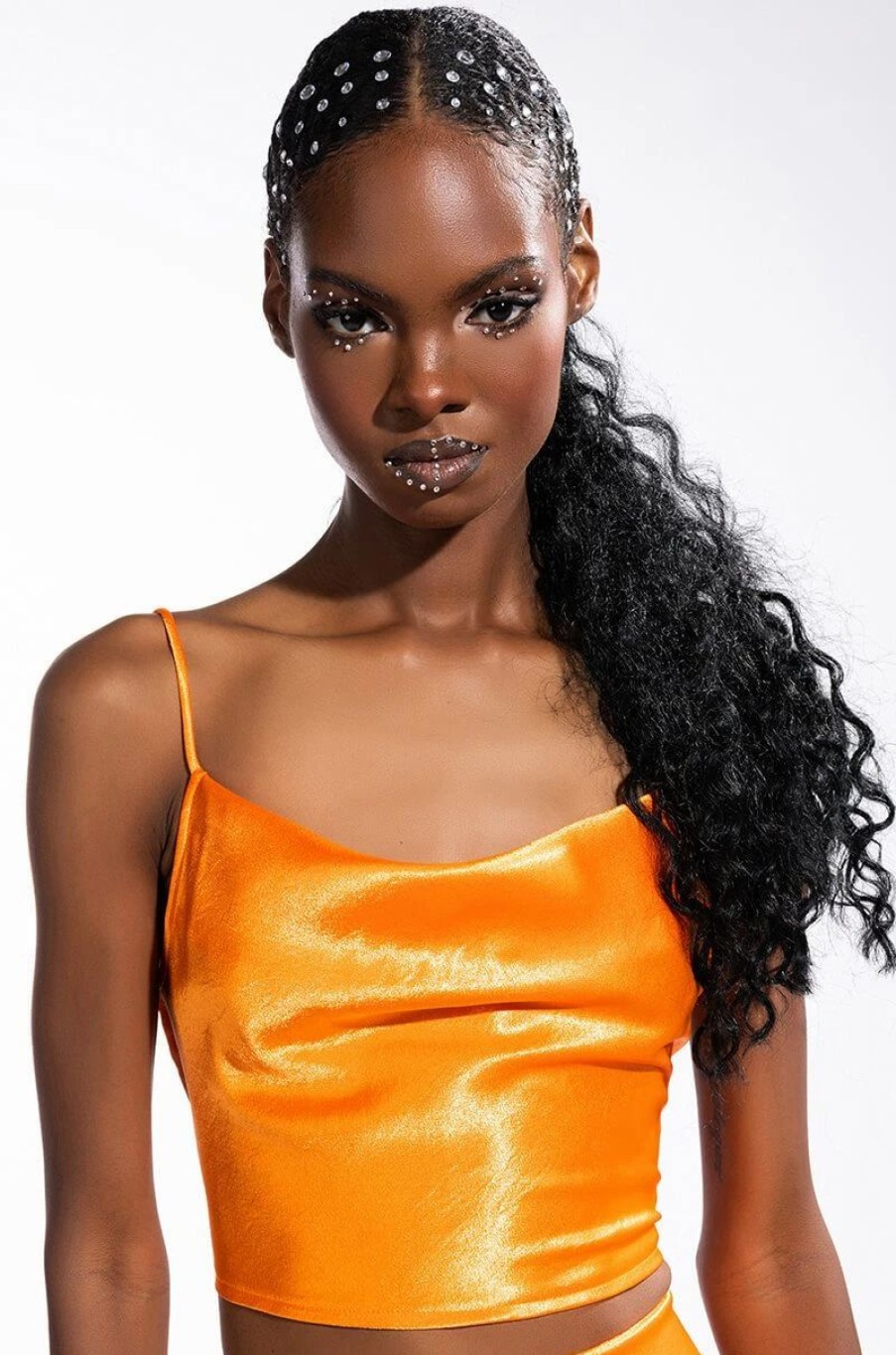 Crop Tops & Bralettes * | Dusk Till Dawn Cropped Sleeveless Satin Cowl Neck Tank Top Orange