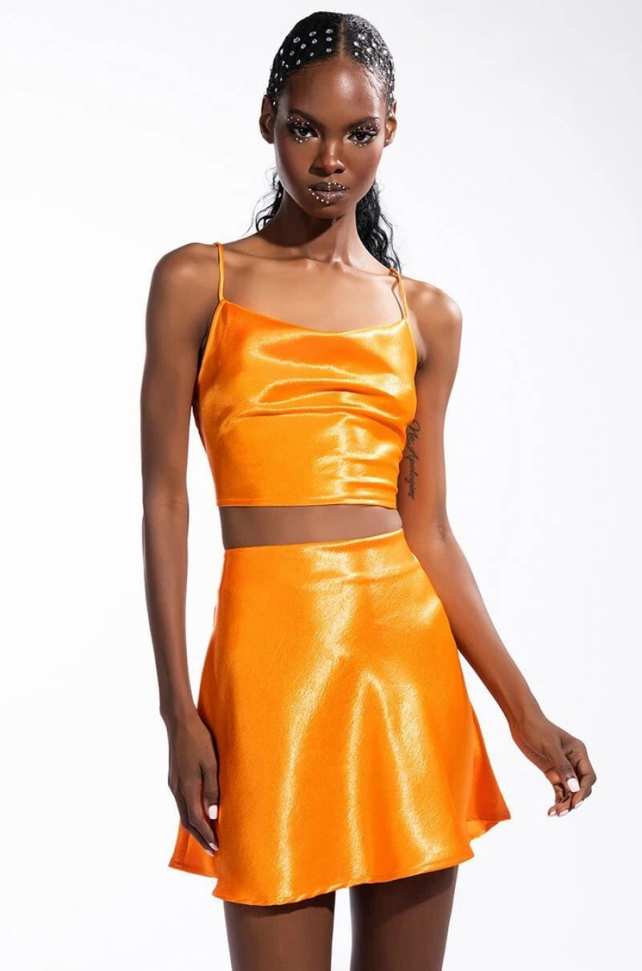 Crop Tops & Bralettes * | Dusk Till Dawn Cropped Sleeveless Satin Cowl Neck Tank Top Orange