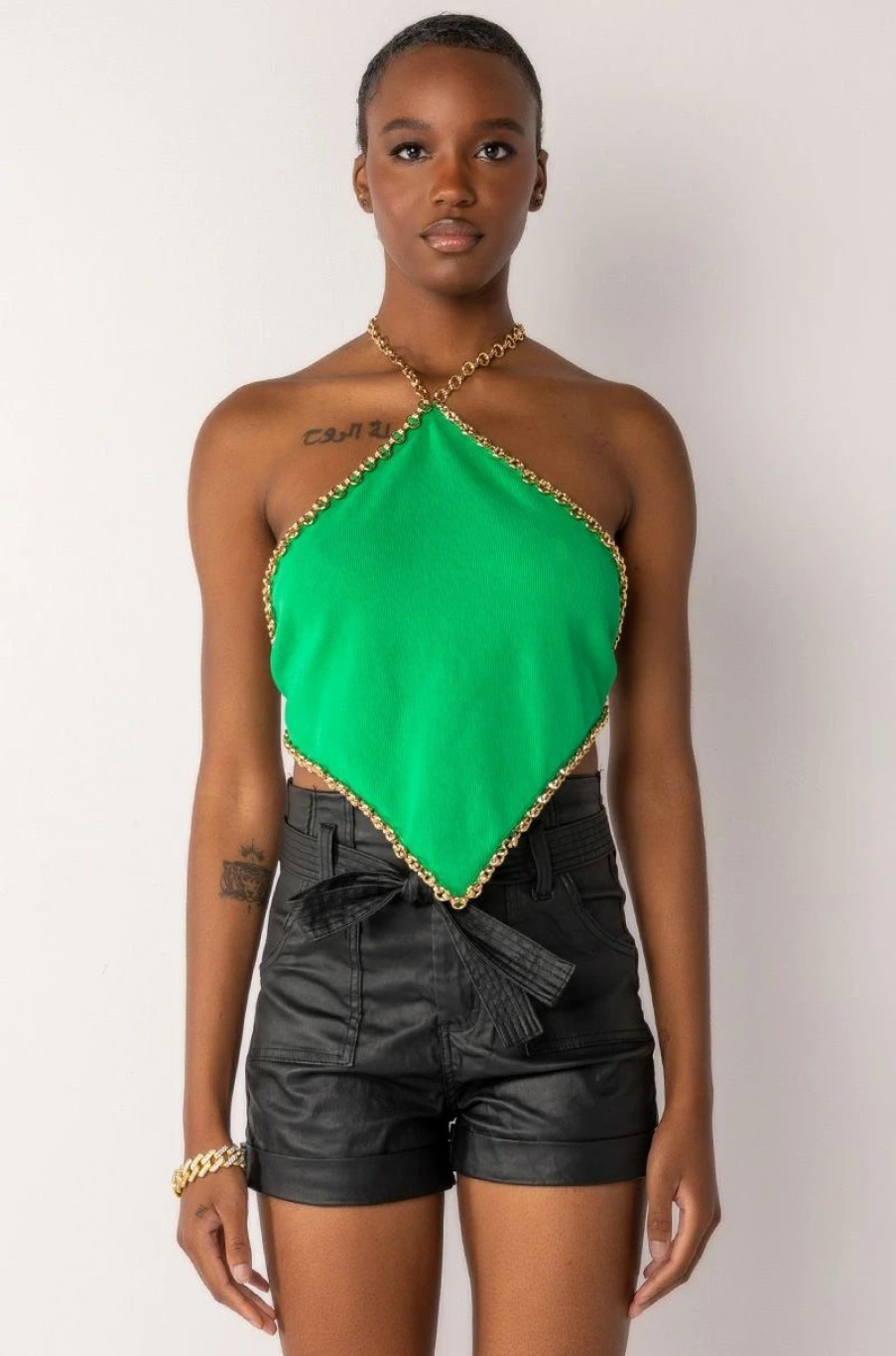 Crop Tops & Bralettes * | Dash Chain Detail Ribbed Halter Top Green