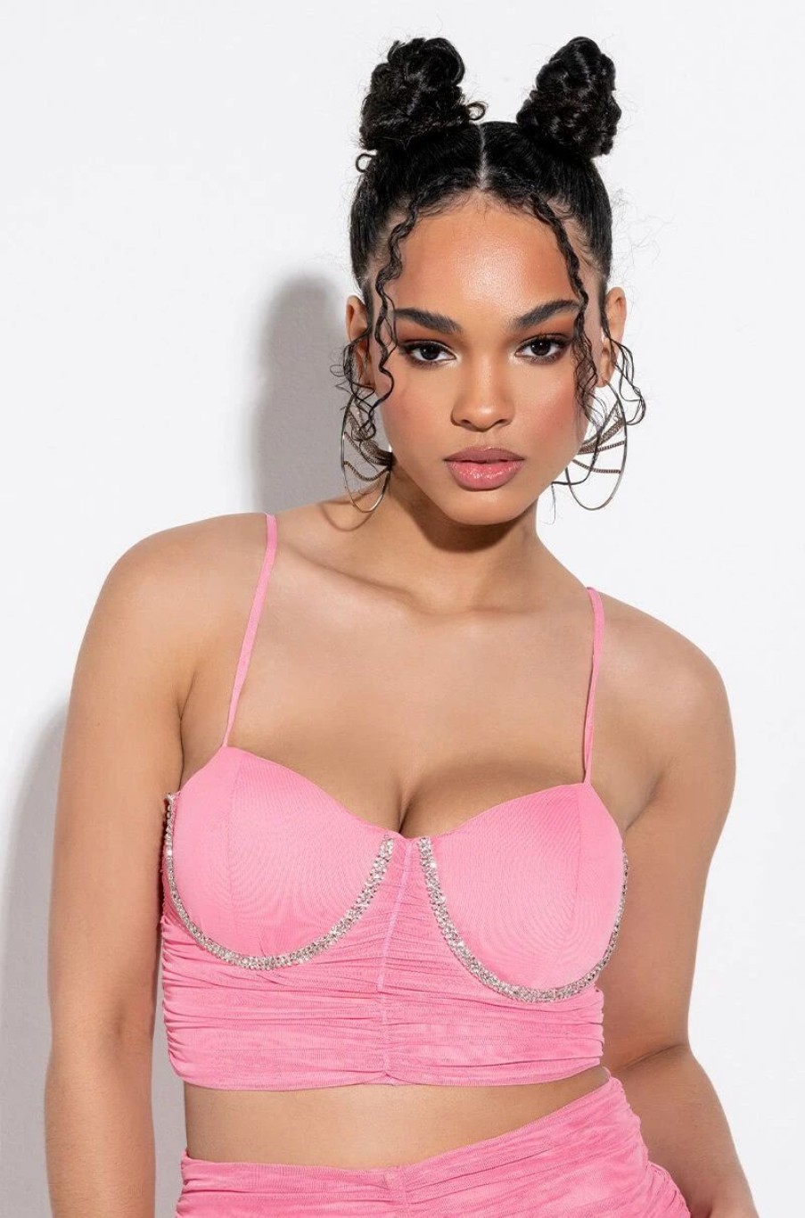 Crop Tops & Bralettes * | Persephone Cropped Mesh Rhinestone Trim Tank Pink