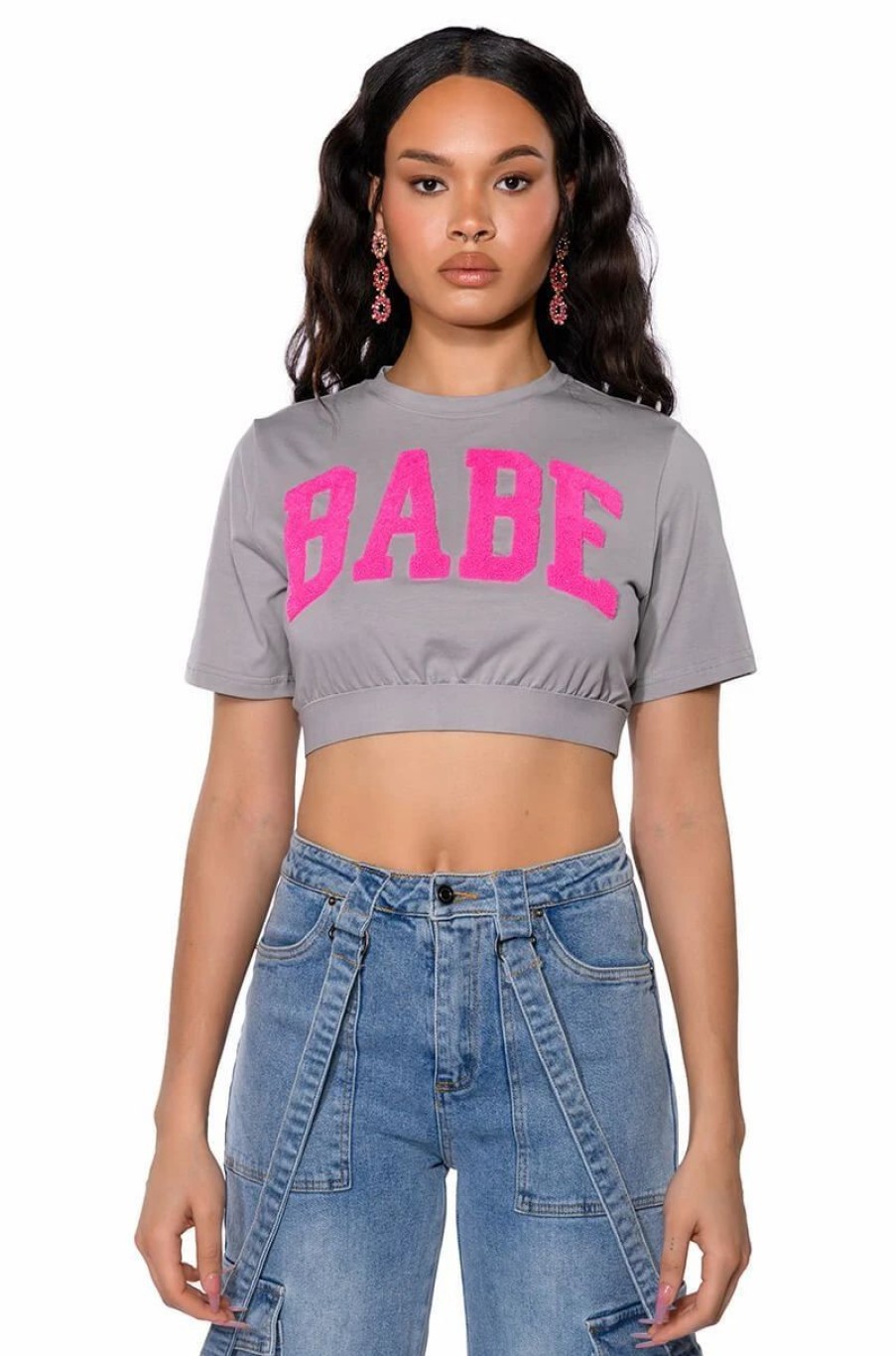 Crop Tops & Bralettes * | Le Baybay Patch Cropped T Shirt Grey Multi