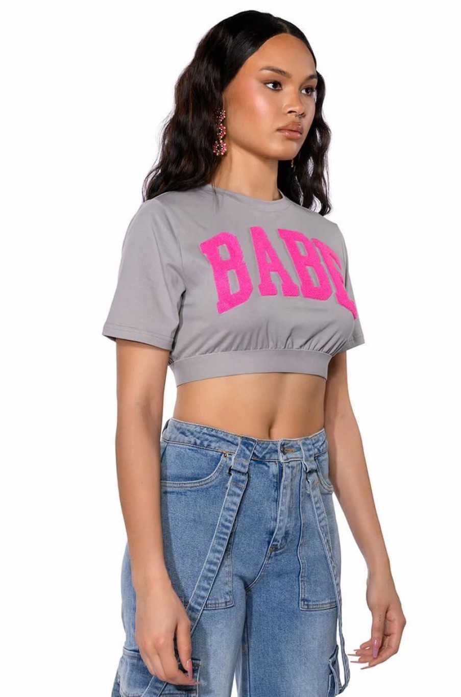 Crop Tops & Bralettes * | Le Baybay Patch Cropped T Shirt Grey Multi