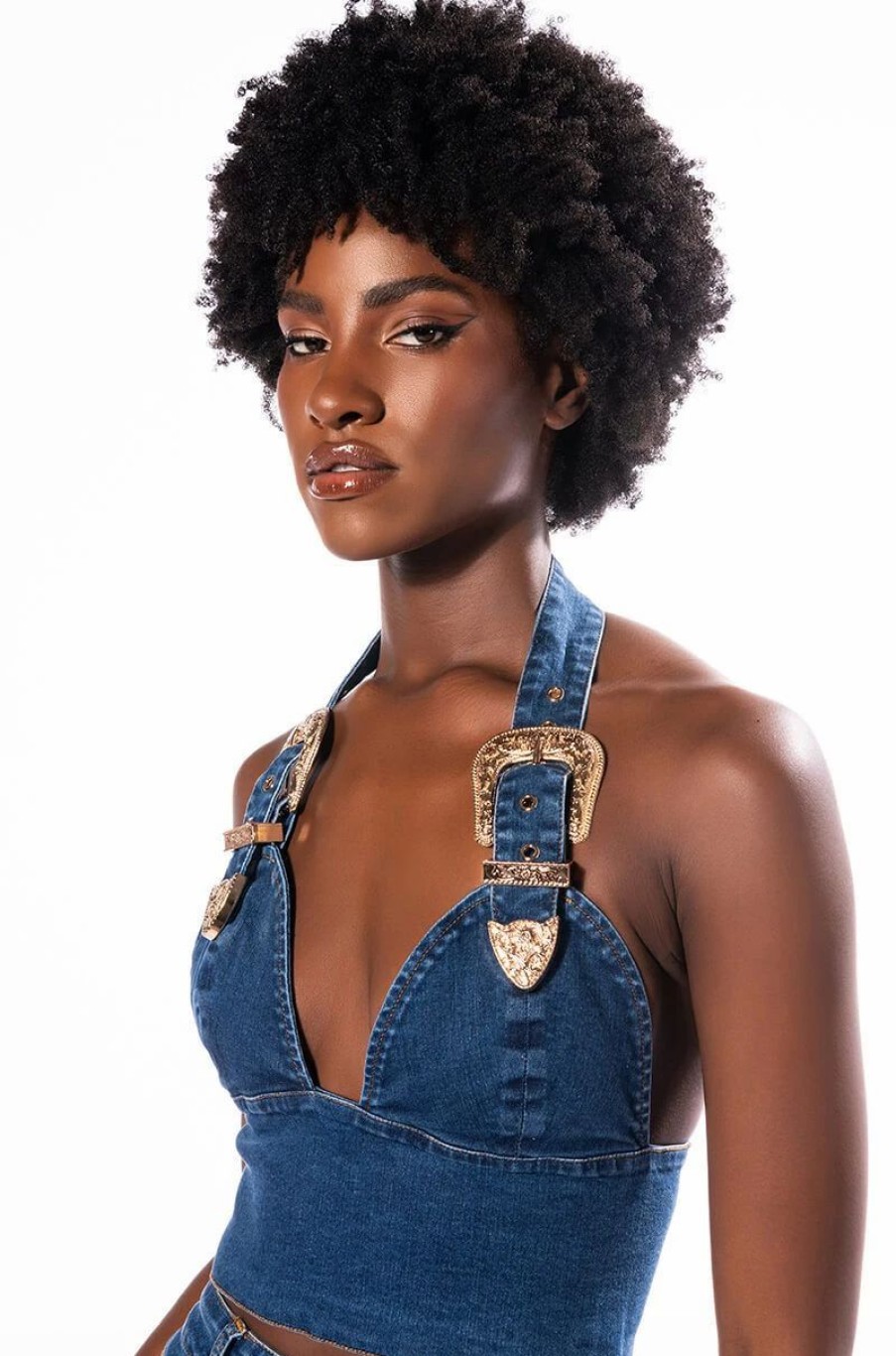 Crop Tops & Bralettes * | Blue Jean Baby Buckle Halter Crop Top Medium Blue Denim