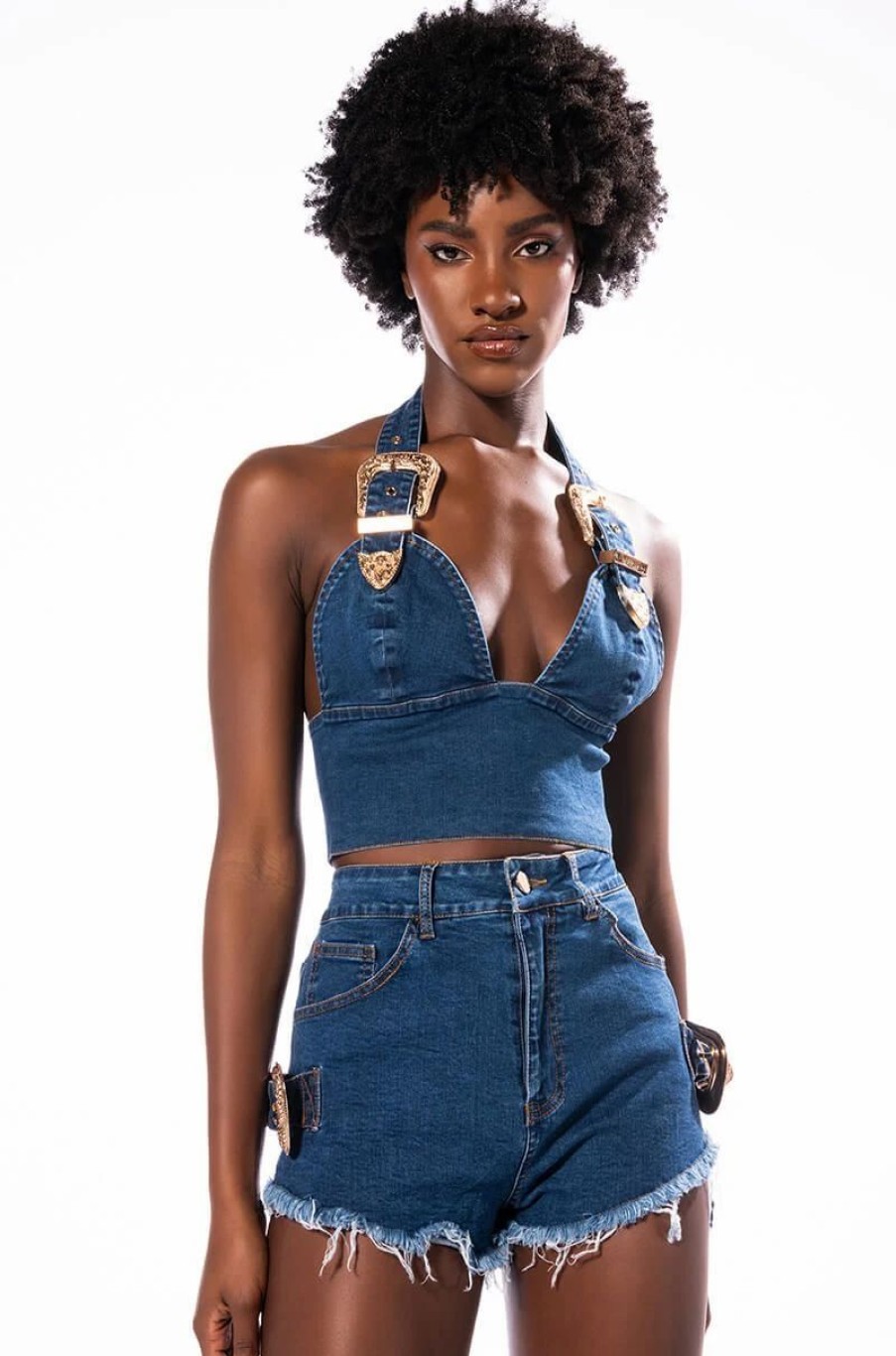 Crop Tops & Bralettes * | Blue Jean Baby Buckle Halter Crop Top Medium Blue Denim