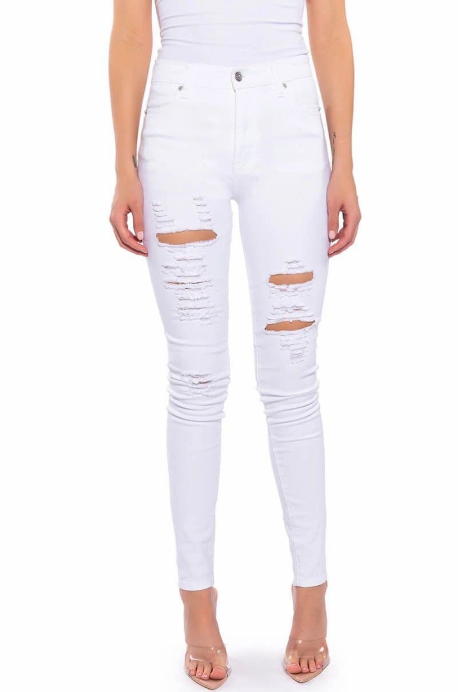 Denim * | Follow My Lead Destroyed High Rise Skinny Jeans White