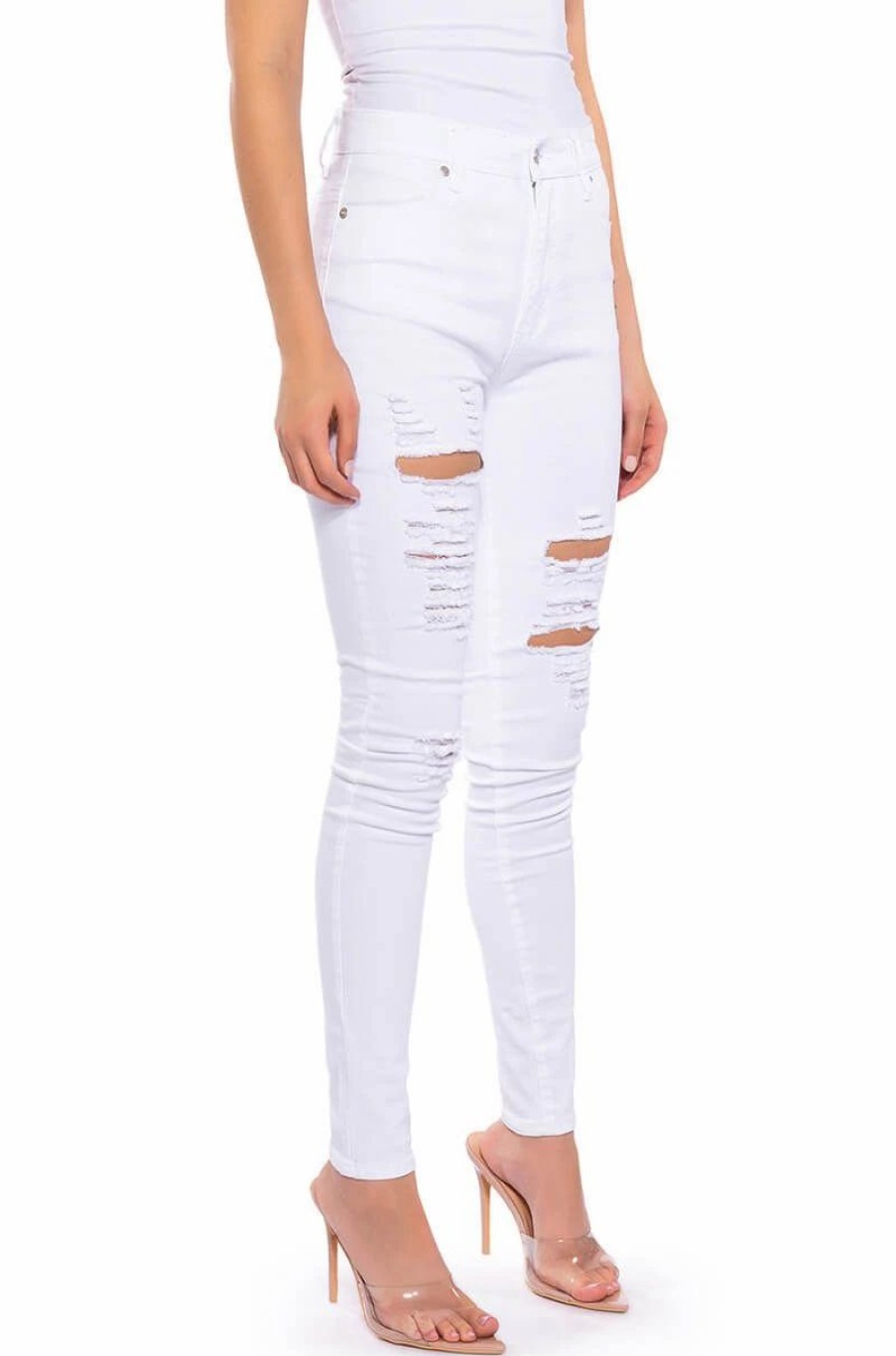 Denim * | Follow My Lead Destroyed High Rise Skinny Jeans White