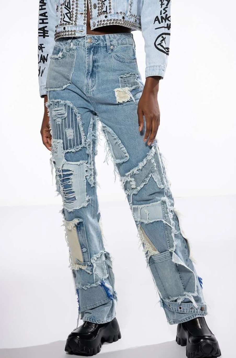 Denim * | Leon Patchwork High Rise Straight Leg Jeans Light Blue Denim