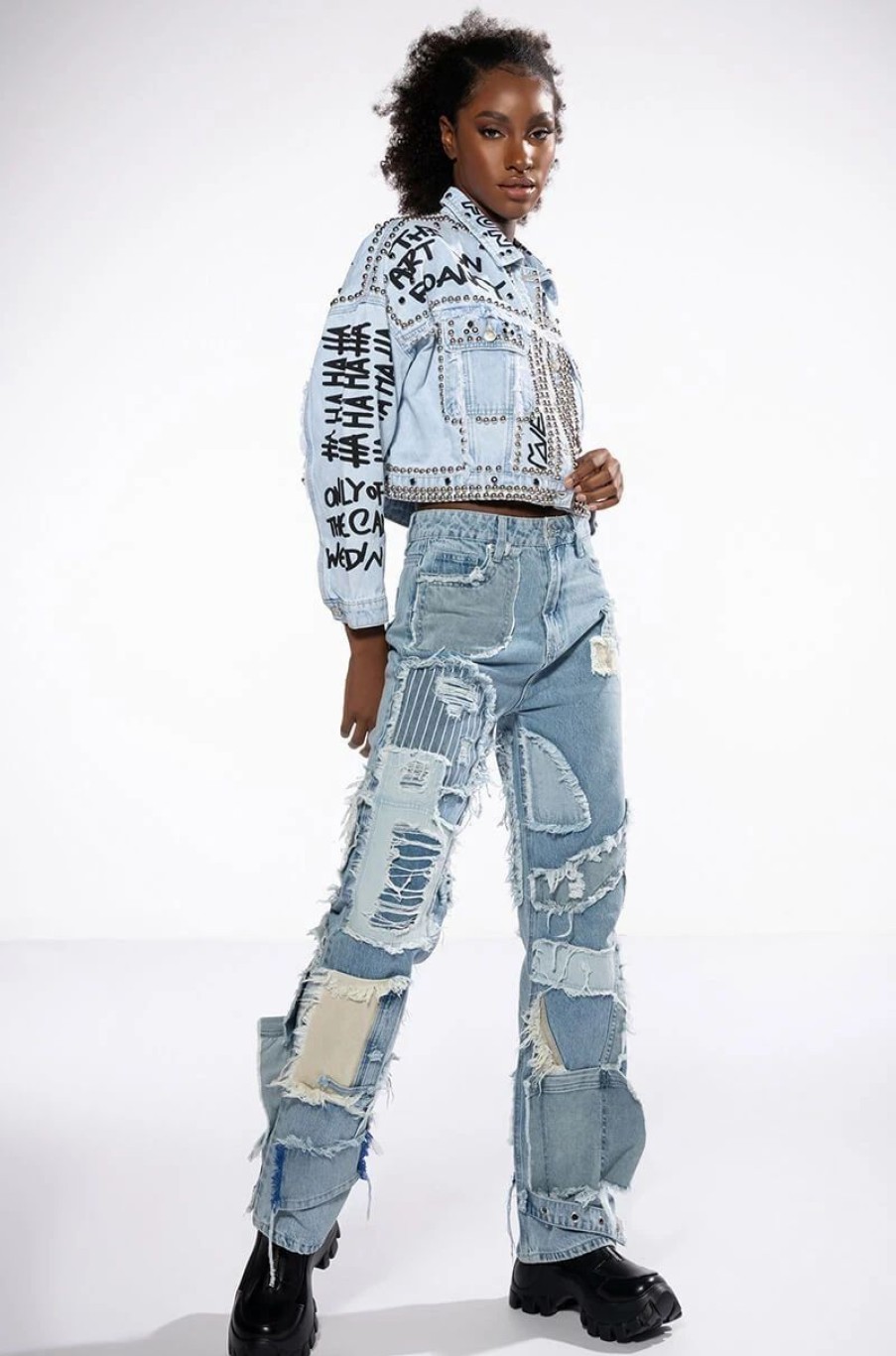 Denim * | Leon Patchwork High Rise Straight Leg Jeans Light Blue Denim