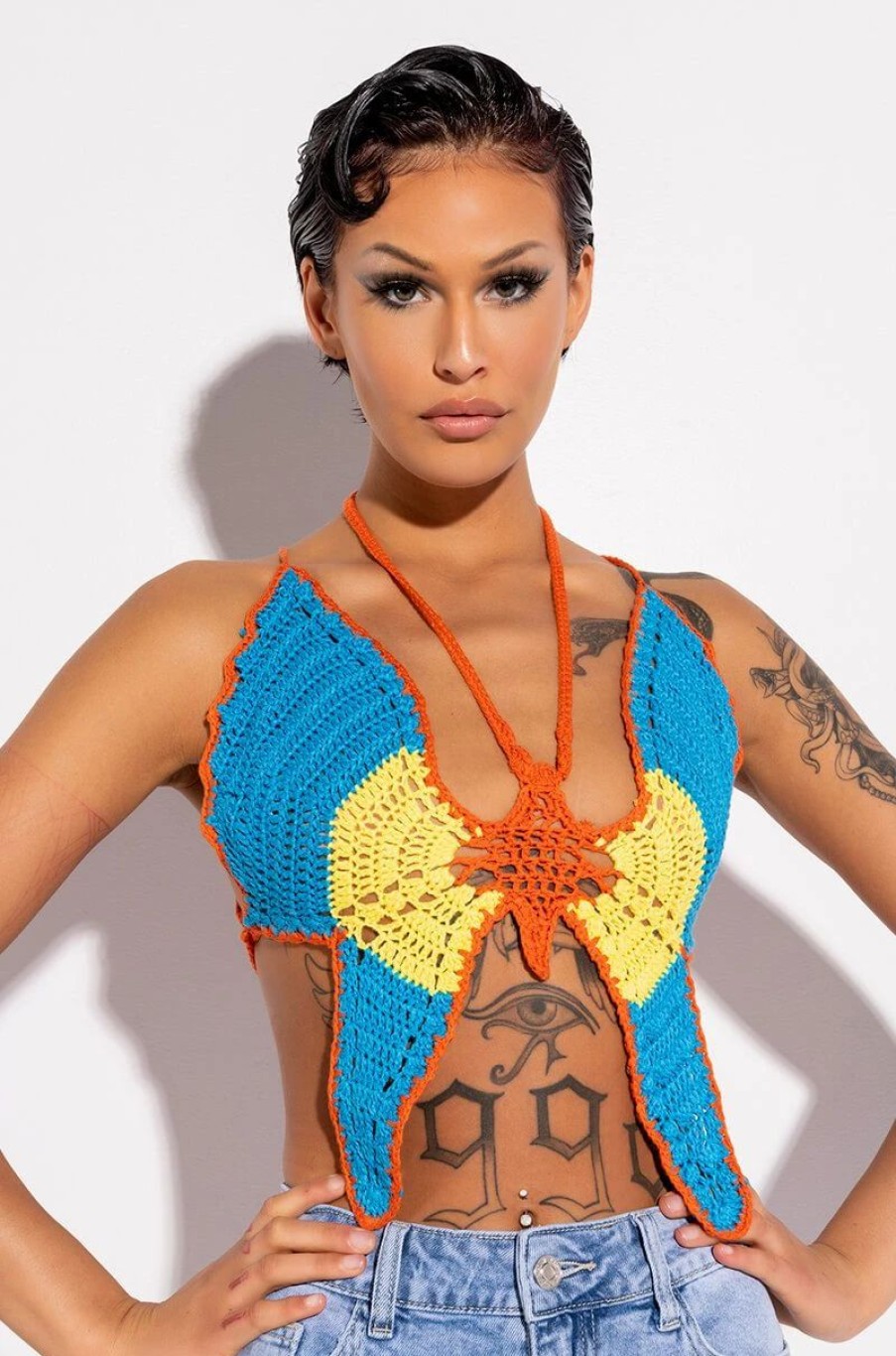 Crop Tops & Bralettes * | Mariposa Crochet Halter Top Blue Multi