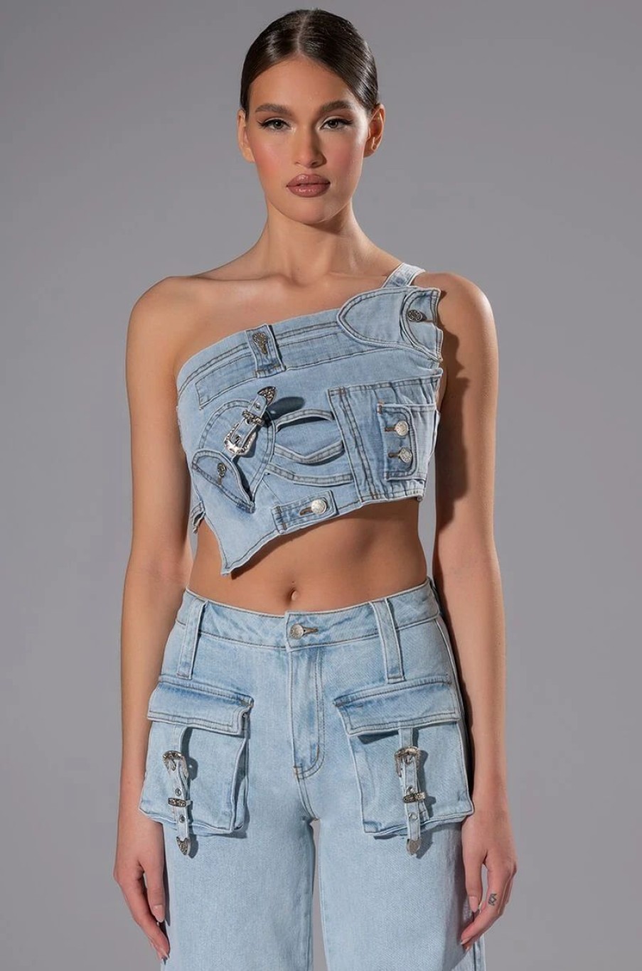 Crop Tops & Bralettes * | For Real Buckle Detail Denim Crop Top Light Blue