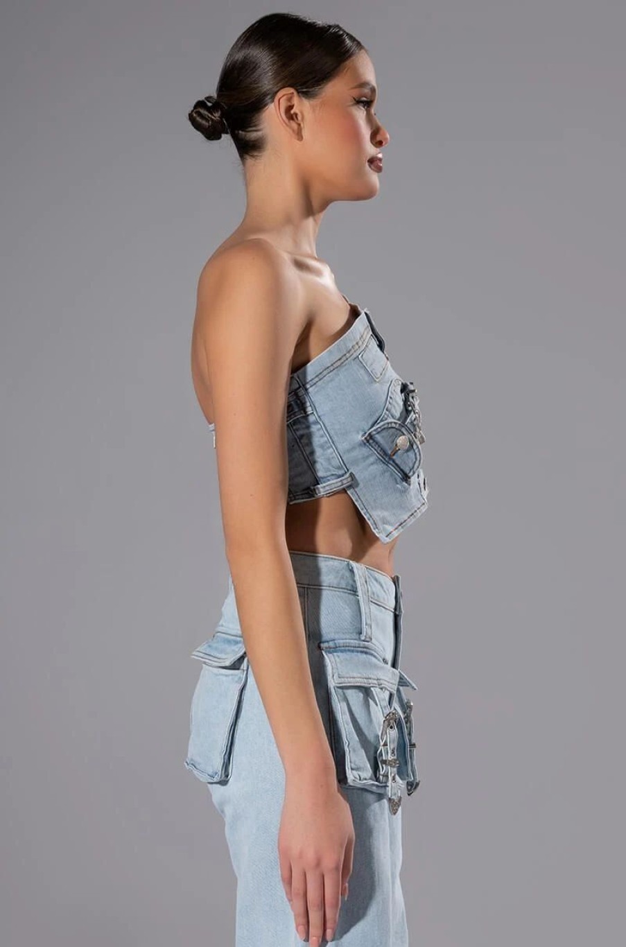 Crop Tops & Bralettes * | For Real Buckle Detail Denim Crop Top Light Blue