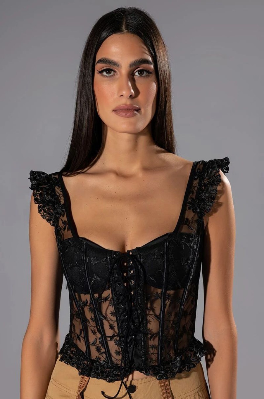 Crop Tops & Bralettes * | Ven Aqui Lace Up Corset Top Black