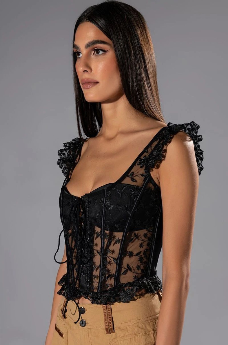 Crop Tops & Bralettes * | Ven Aqui Lace Up Corset Top Black