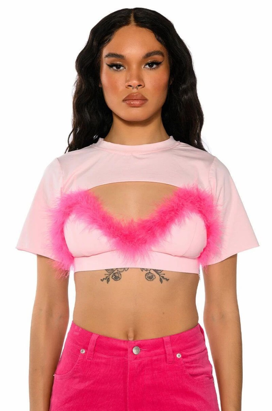 Crop Tops & Bralettes * | Dionne Feather Trim Bra And Ultra Crop Tshirt Set Pink Multi