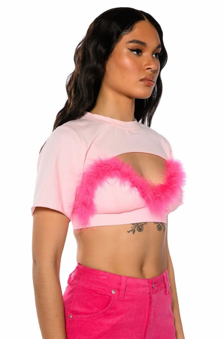 Crop Tops & Bralettes * | Dionne Feather Trim Bra And Ultra Crop Tshirt Set Pink Multi