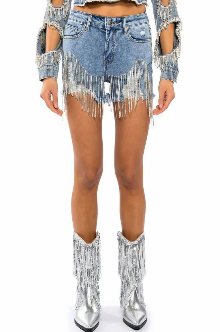 Denim * | Fresh Out The Runway Rhinestone Denim Short Light Blue