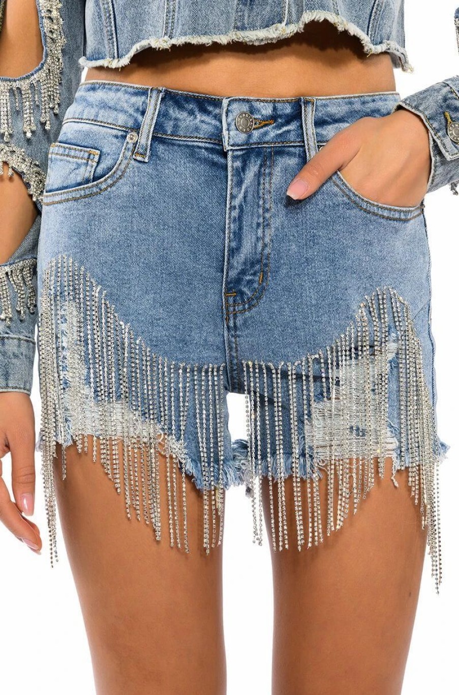 Denim * | Fresh Out The Runway Rhinestone Denim Short Light Blue