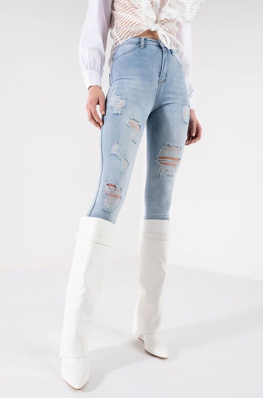 Denim * | Flex-Fit Extreme Stretch High Waisted Distressed Skinny Jeans Light Blue Denim