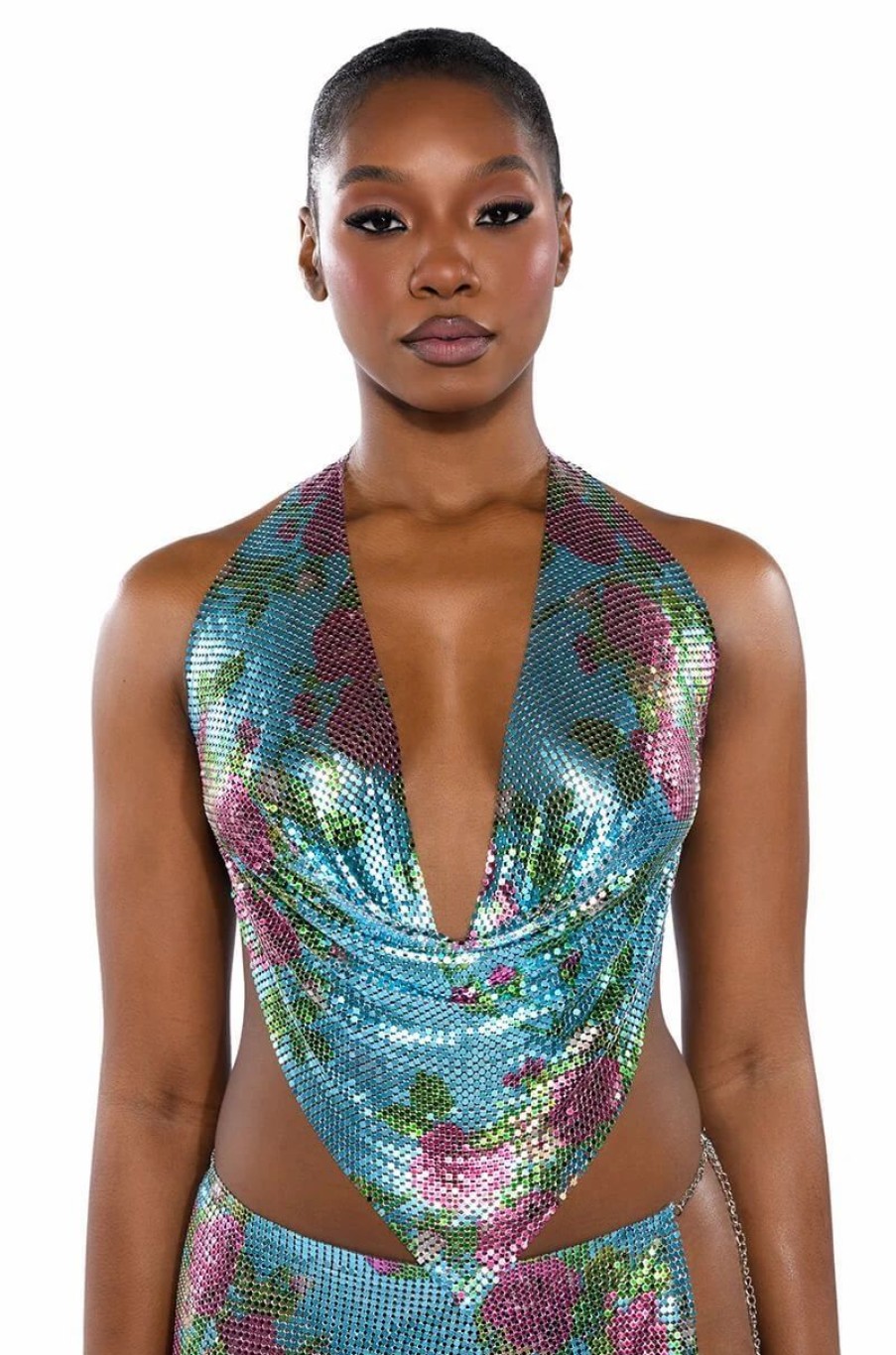 Crop Tops & Bralettes * | In The Moment Floral Chainmail Halter Top Blue Multi