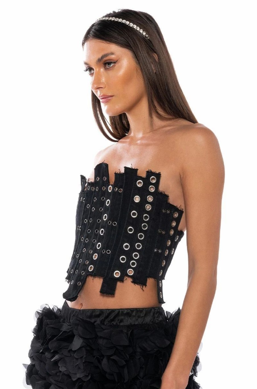 Crop Tops & Bralettes * | Ivy Patchwork Denim Corset Black Denim