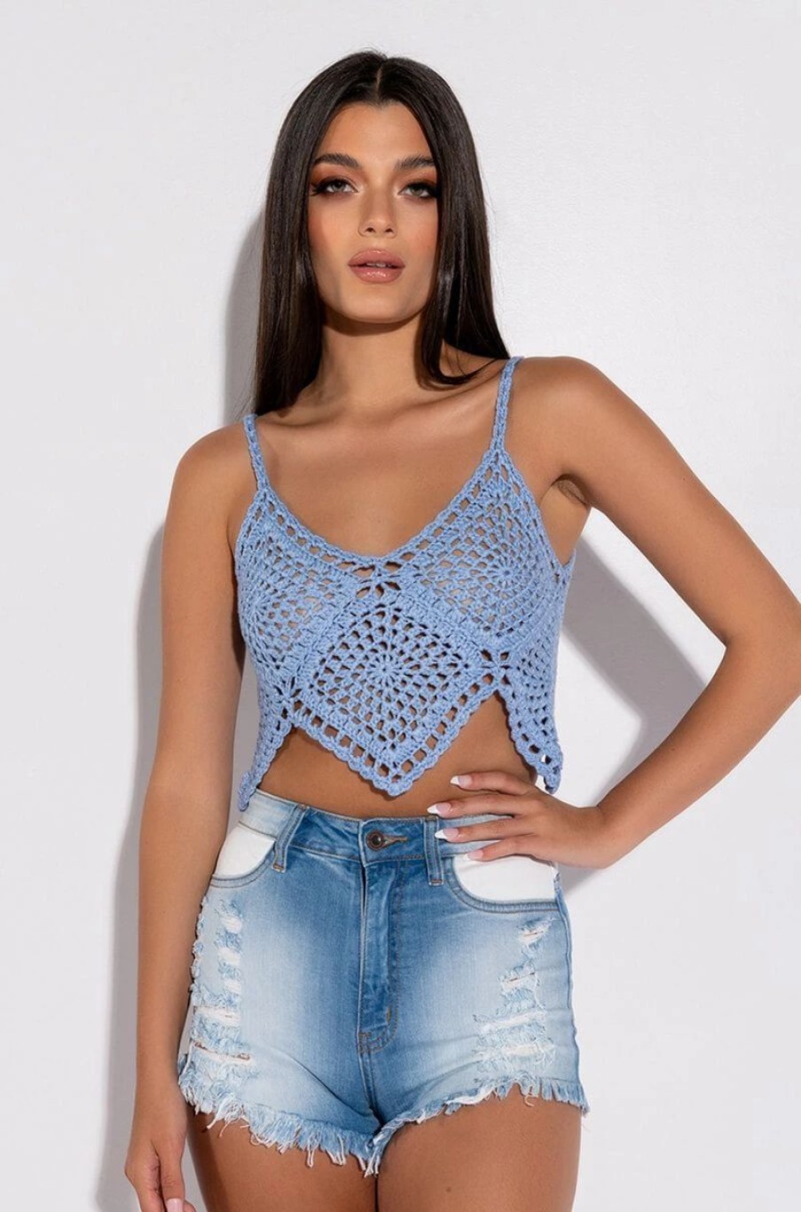 Crop Tops & Bralettes * | Clear Skies Crochet Crop Top Light Blue