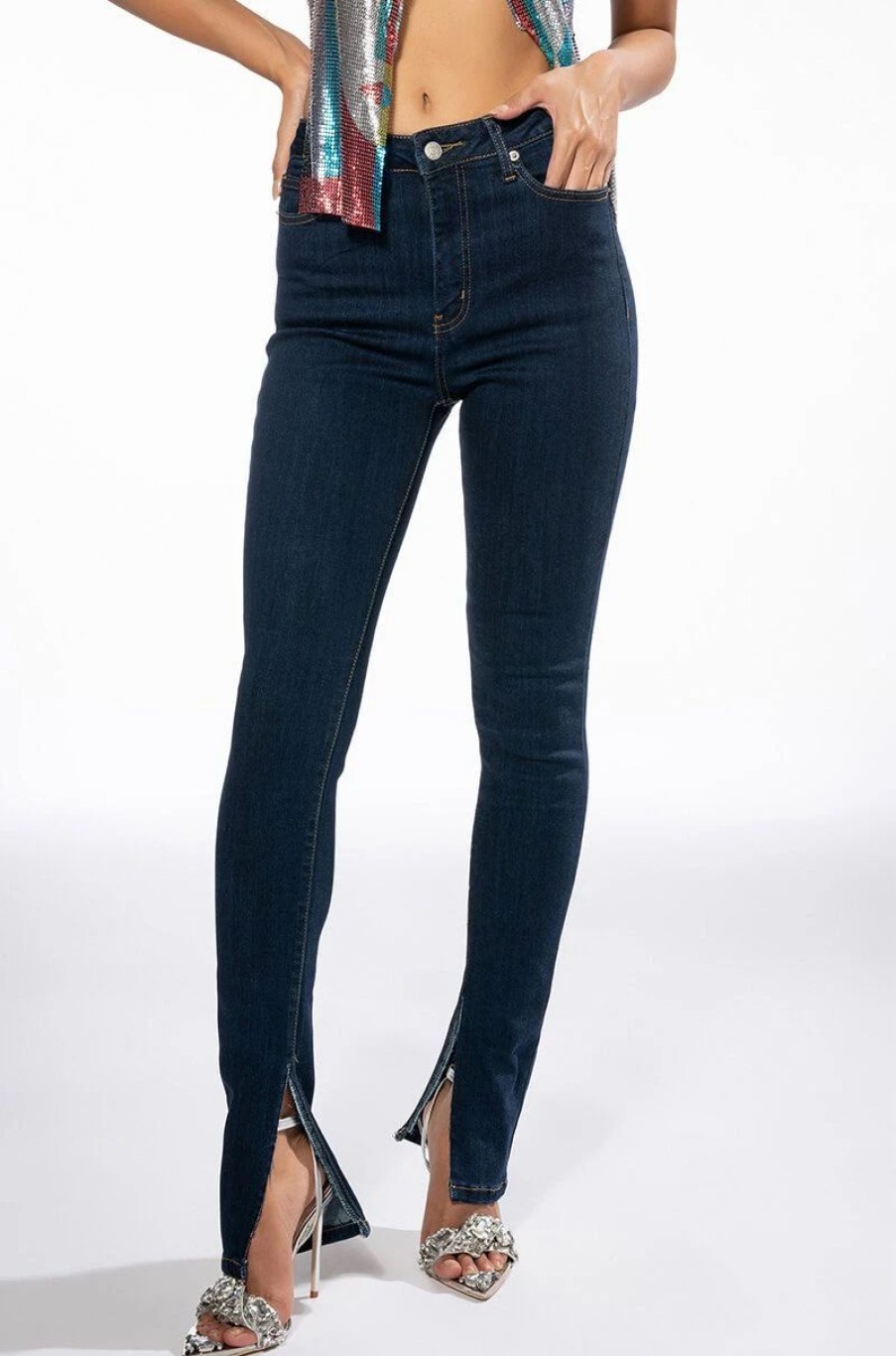 Denim * | Catch Me High Rise Skinny Jeans Dark Blue Denim