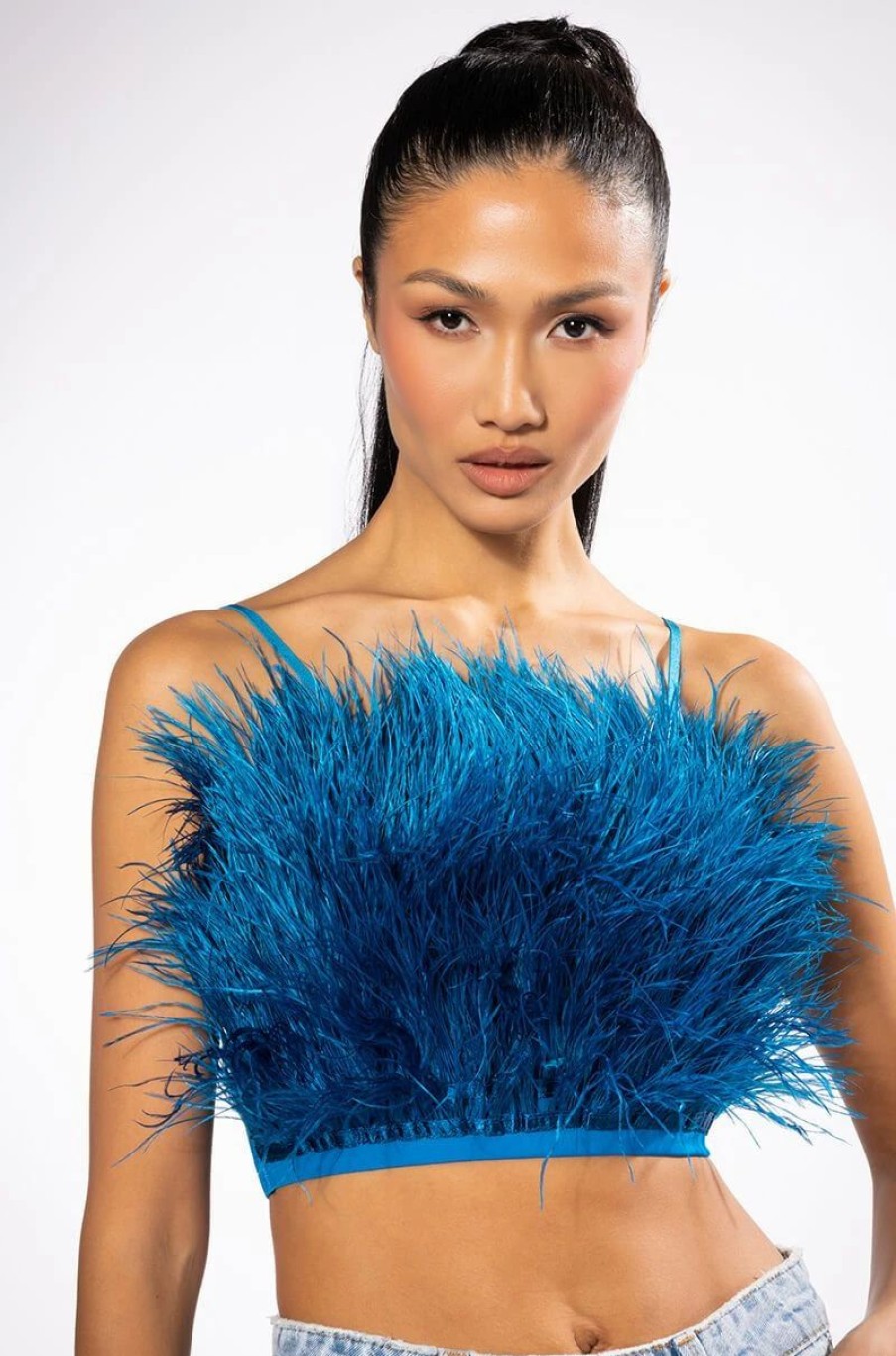 Crop Tops & Bralettes * | Real Ostrich Feathers Crop Mesh Bandeau Teal