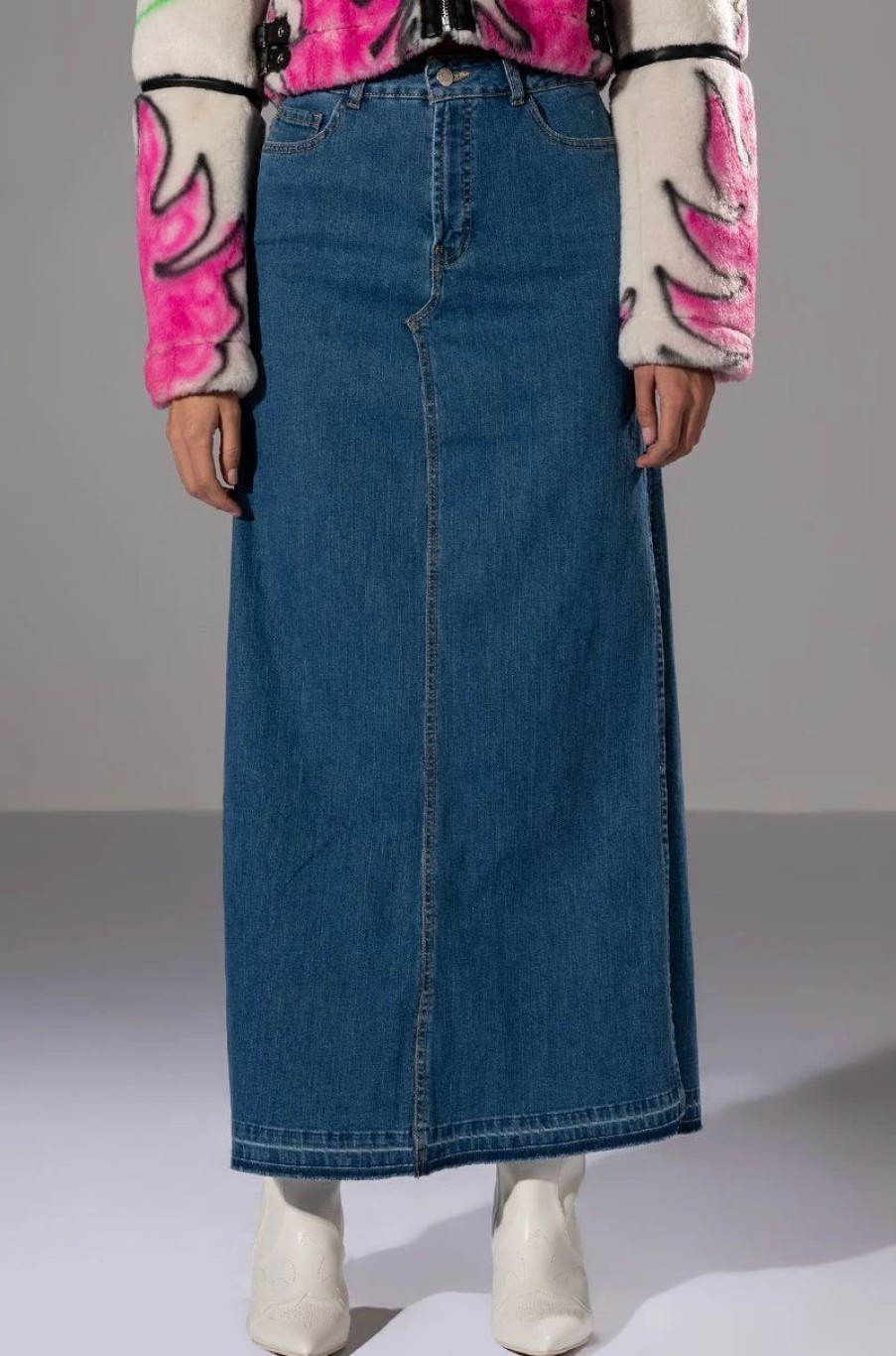 Denim * | Natalie Double Side Slit Denim Skirt Medium Blue Denim